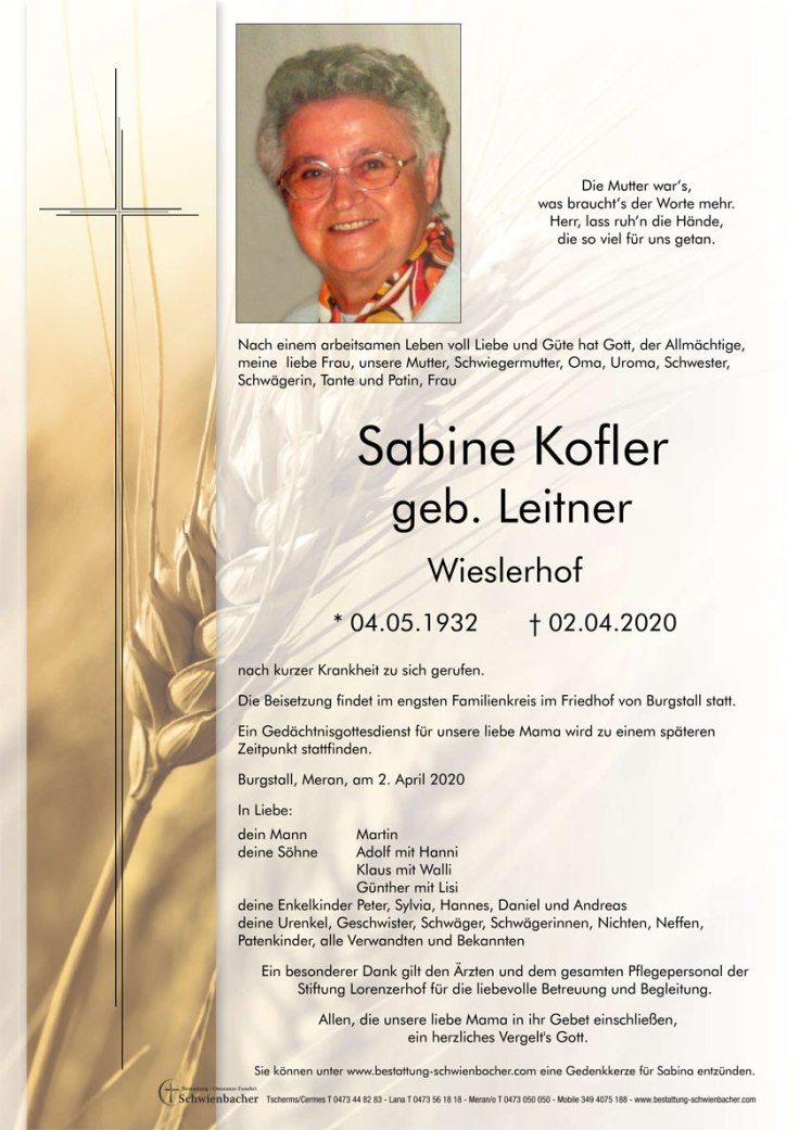 Trauer Kofler Sabine